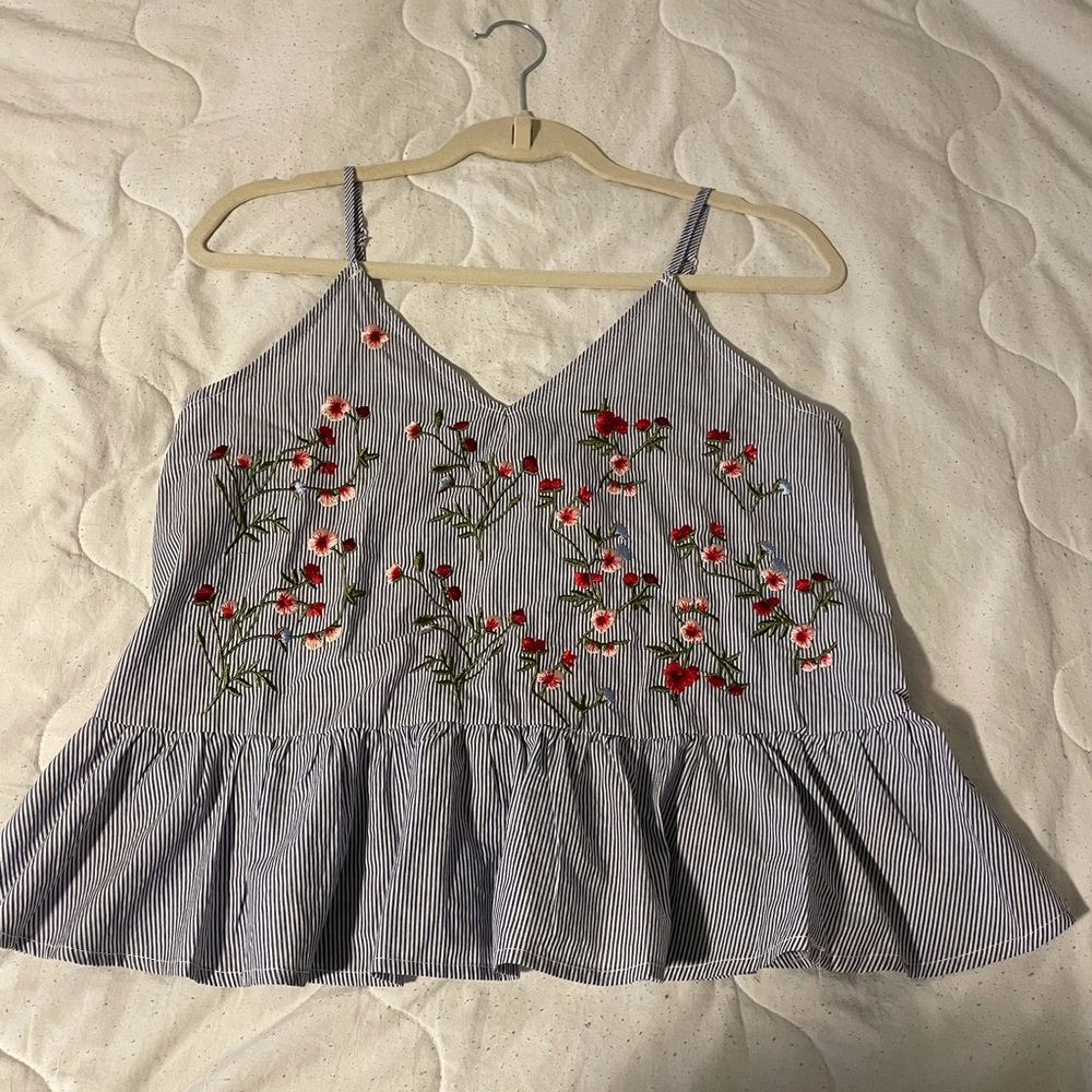 Blue and white striped peplum top with florals